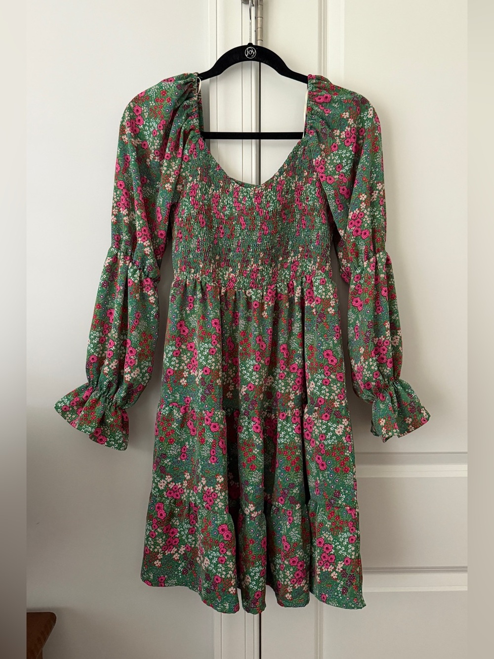 Umgee Green Floral Smocked Long-Sleeve Mini Dress NWOT